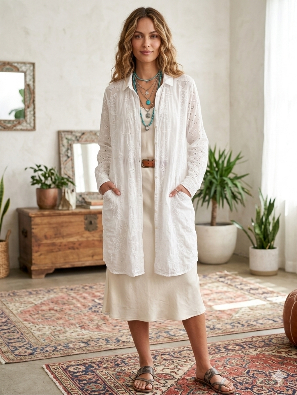 Johnny Was Butterfly Embroidered Eyelet Long Sleeves Button Down Dress Tunic